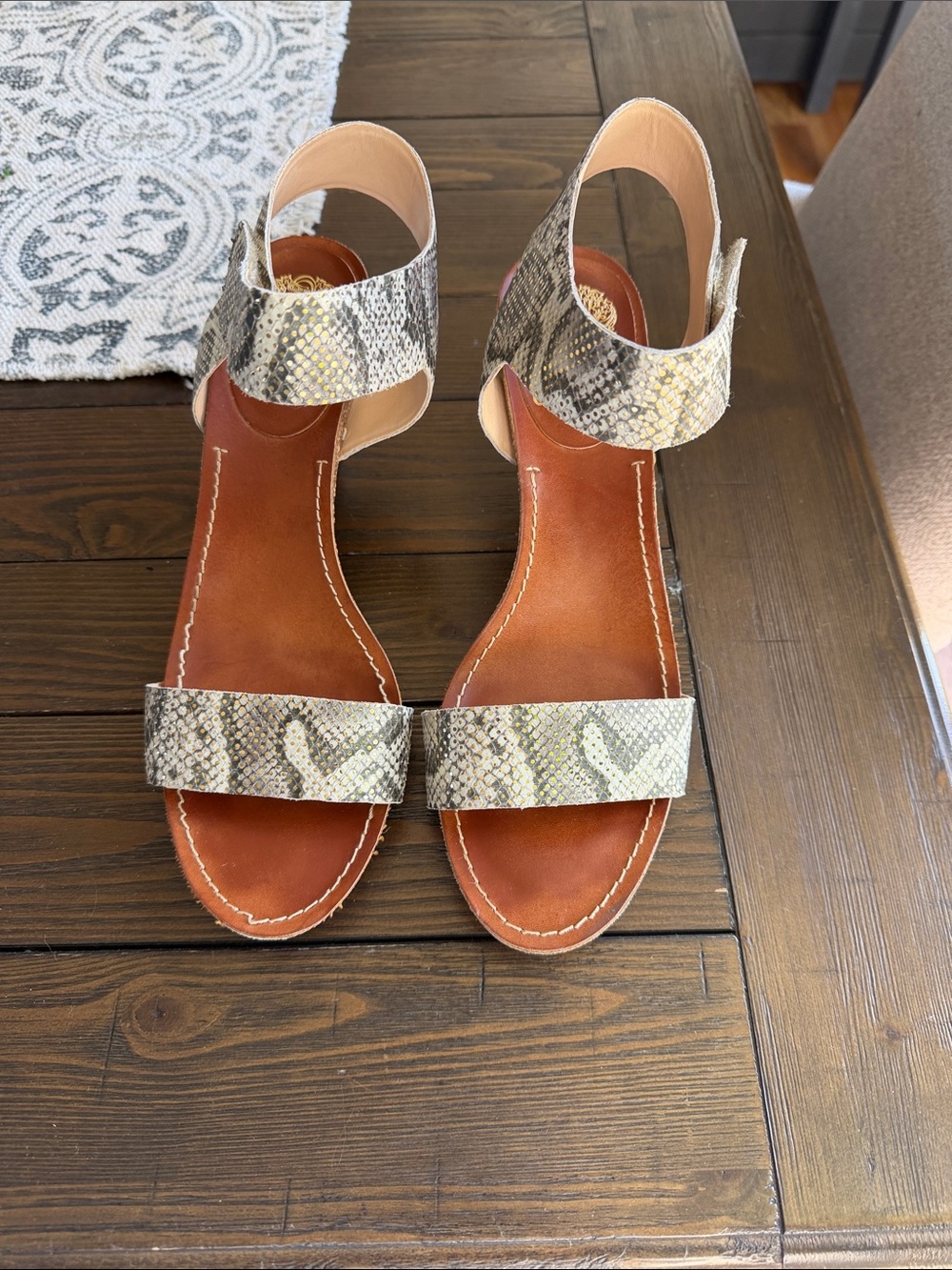 Vince Camuto Brown Leather Footbed Snake-Print Ankle Strap Sandals